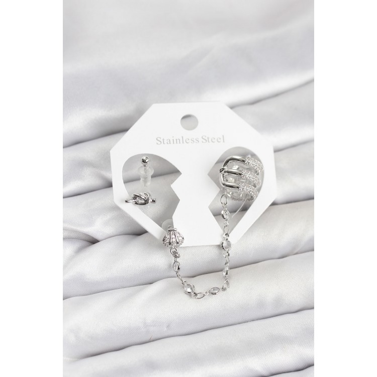 Pirinç Gümüş Renk Sarmal Model Zincir Bağlantılı Ear Cuff Küpe Seti TJ-BKP11537