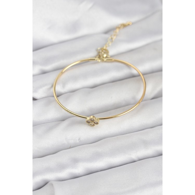 Zirkon Taşlı Yonca Model Gold Renk Kadın Bileklik TJ-BB8235