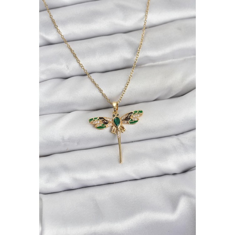 316L Çelik Zincir Gold Renk Yusufçuk Model Zirkon Taşlı Kadın Kolye TJ-BKO10833