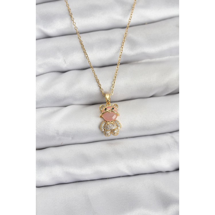 316L Çelik Zincir Gold Renk Teddy Bear Model Zirkon Taşlı Kadın Kolye TJ-BKO10852