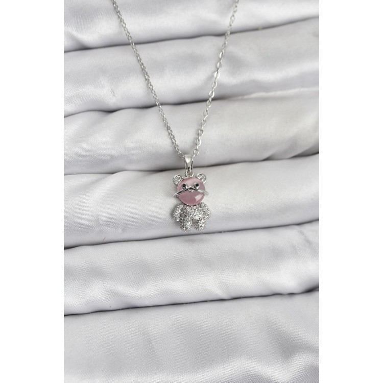 316L Çelik Zincir Gümüş Renk Teddy Bear Model Zirkon Taşlı Kadın Kolye TJ-BKO10853