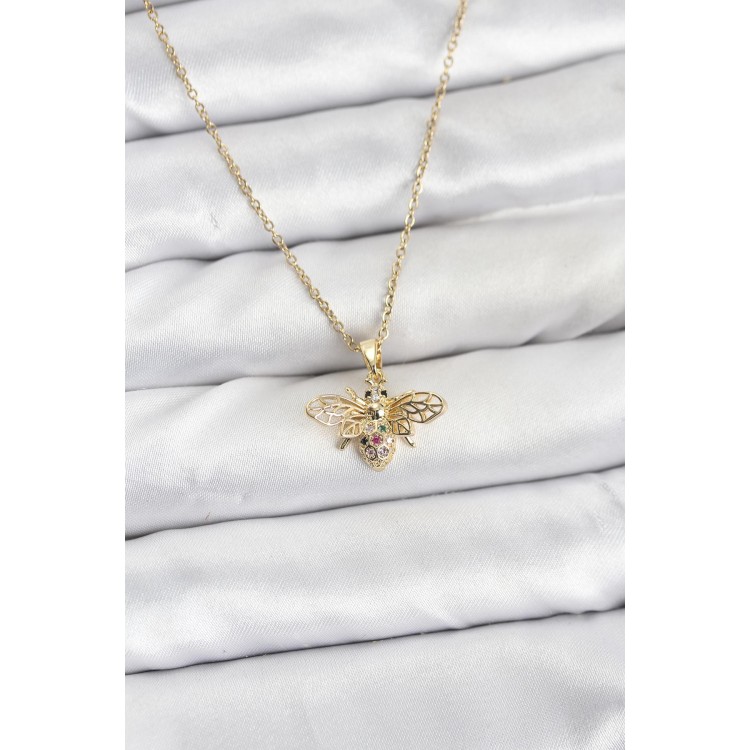 316L Çelik Zincir Gold Renk Sinek Model Zirkon Taşlı Kadın Kolye - TJ-BKO10875