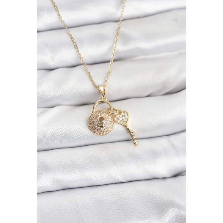 316L Çelik Zincir Gold Renk Kilit Anahtar Model Zirkon Taşlı Kadın Kolye TJ-BKO10881