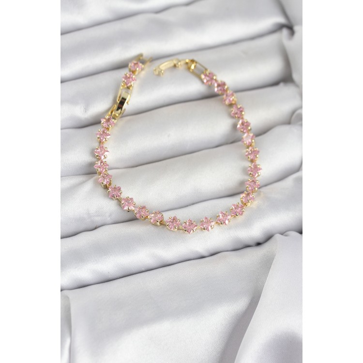 Pembe Kare Zirkon Taşlı Gold Renk Pirinç Su Yolu Kadın Bileklik TJ-BB8324