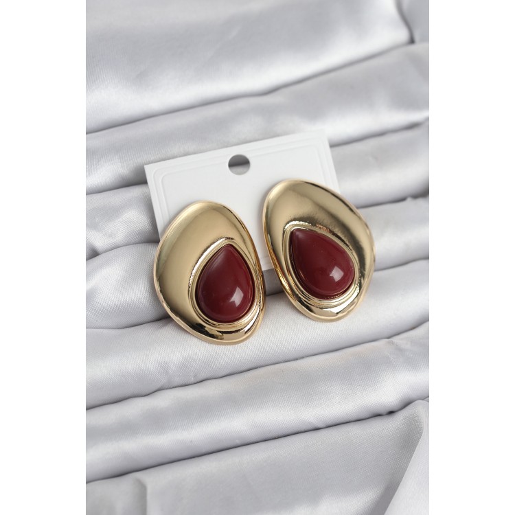Pirinç Gold Renk Bordo Taşlı Damla Model Vintage Kadın Küpe TJ-BKP11682