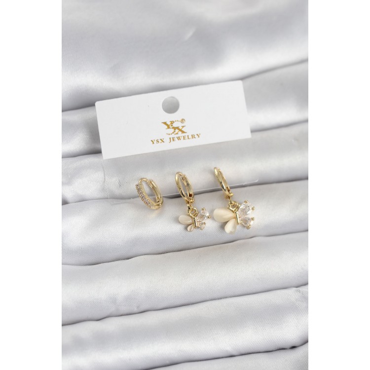 Pirinç Gold Renk Model 3'lü Kadın Küpe TJ-BKP11709