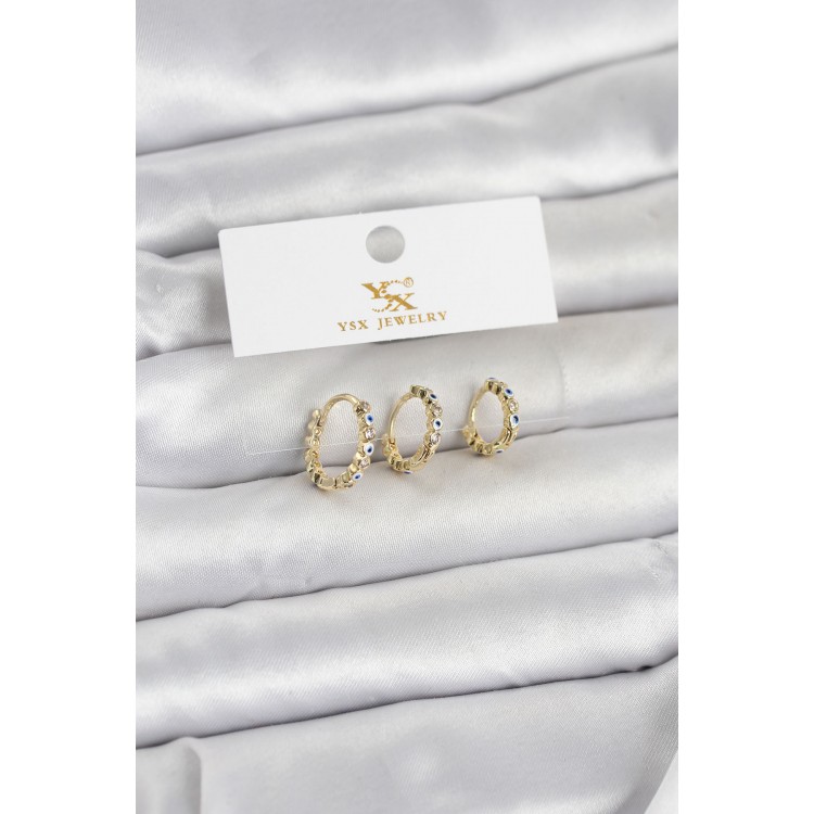 Pirinç Gold Renk Nazarlı Model 3'lü Kadın Küpe TJ-BKP11711