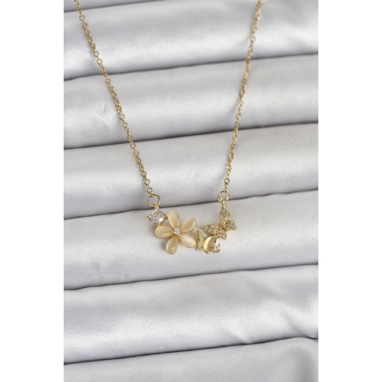 316L Çelik Zincir Gold Renk Çiçek ve Model Kadın Kolye TJ-BKO11038