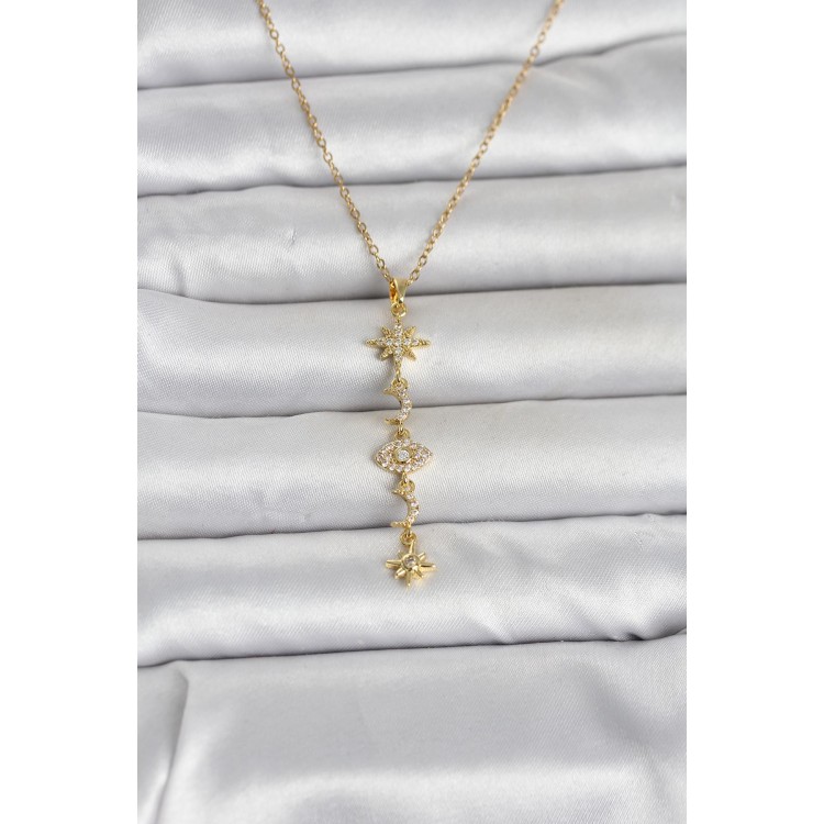 316L Çelik Gold Renk Kutup Yıldızı Y Model Zirkon Taşlı Kadın Kolye TJ-BKO11049