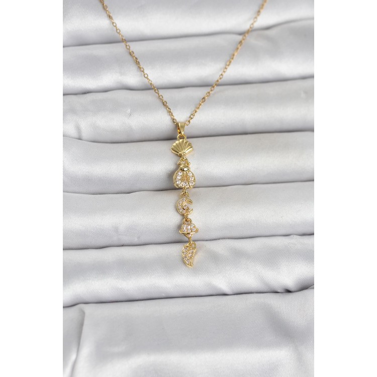 316L Çelik Gold Renk Deniz Temalı Y Model Zirkon Taşlı Kadın Kolye TJ-BKO11051