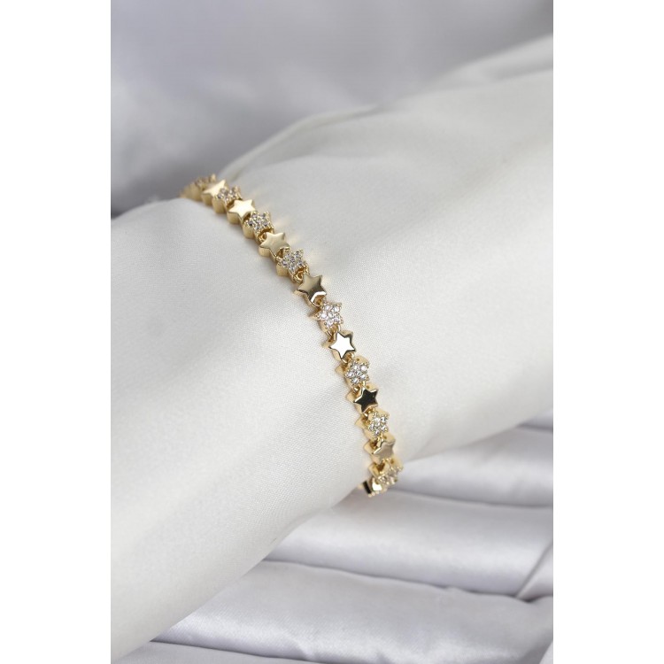 Pirinç Gold Renk Zirkon Taşlı Yıldız Model Kadın Bileklik TJ-BB8405