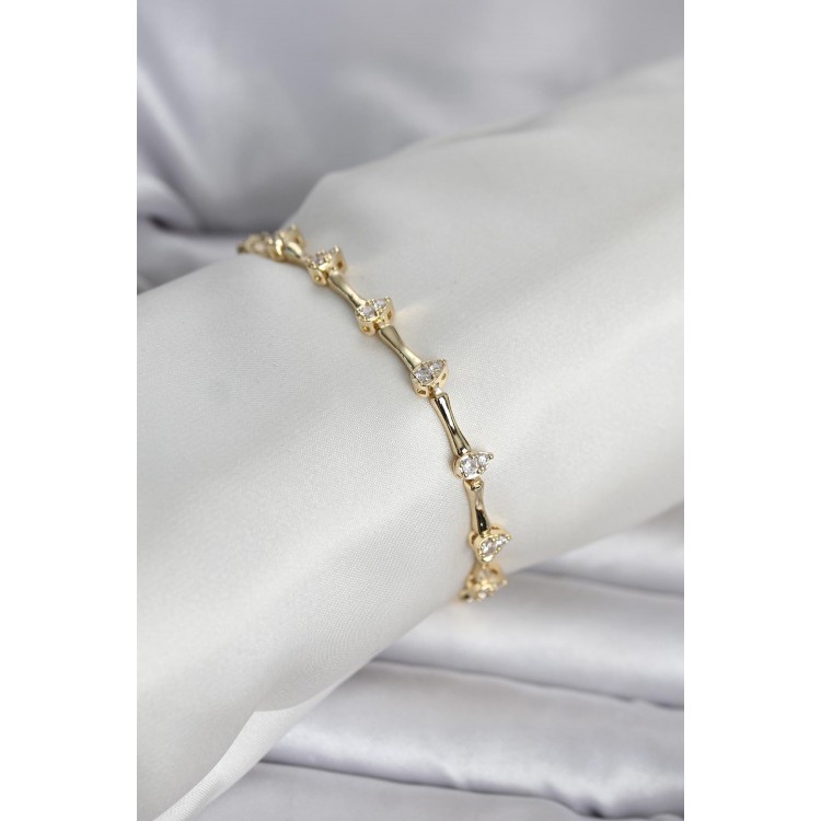 Pirinç Gold Renk Damla Model Zirkon Taşlı Kadın Bileklik TJ-BB8406
