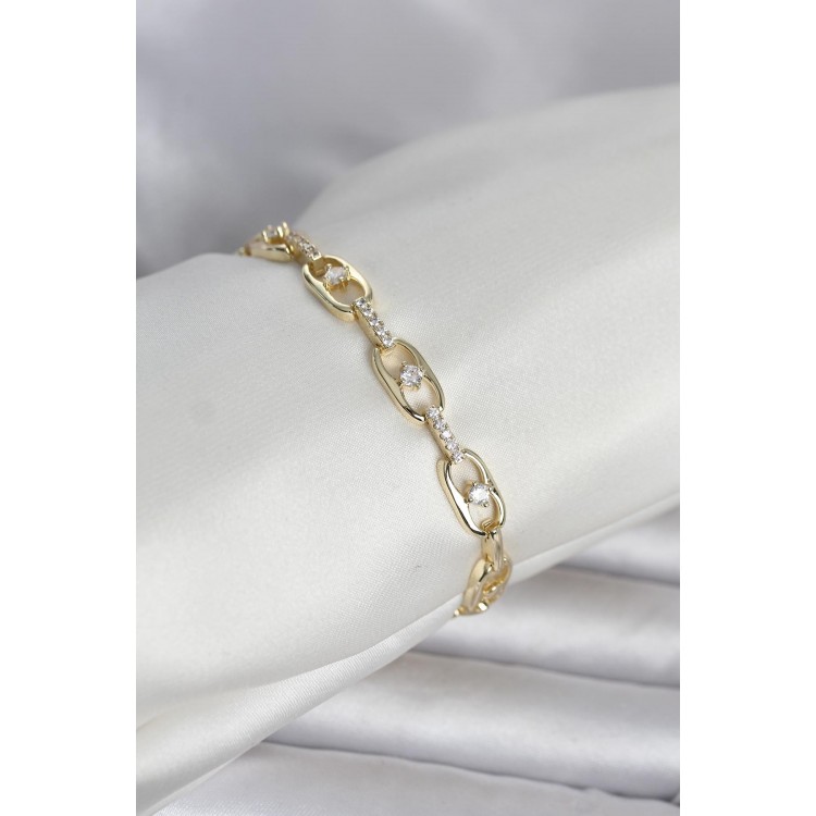 Pirinç Gold Renk Zirkon Taşlı Kadın Bileklik TJ-BB8409