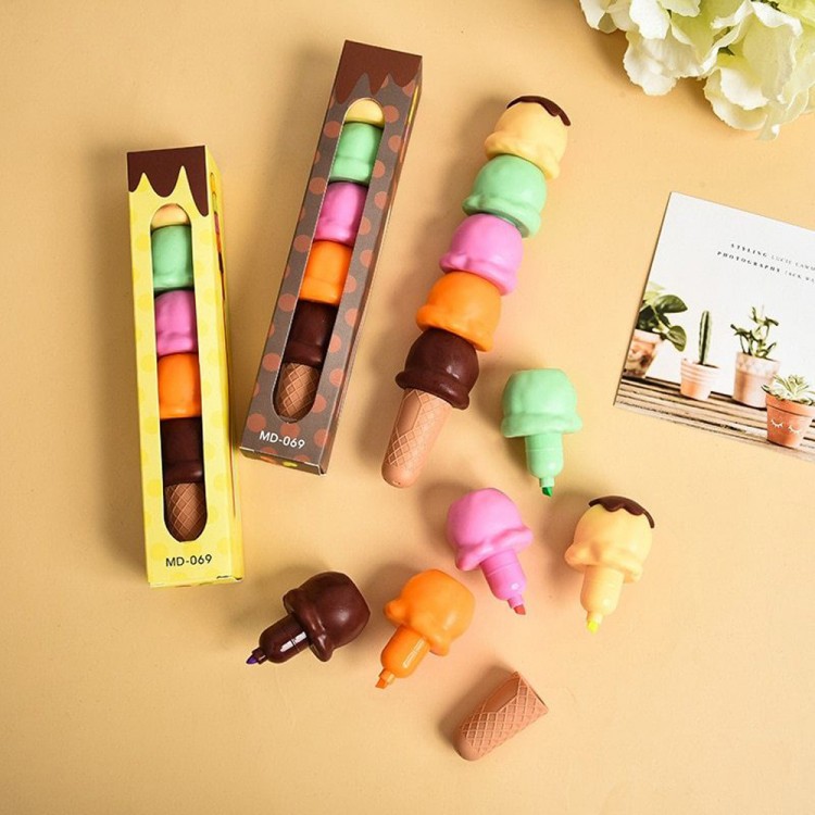 Set of 5 Highlighters with Ice Cream Design