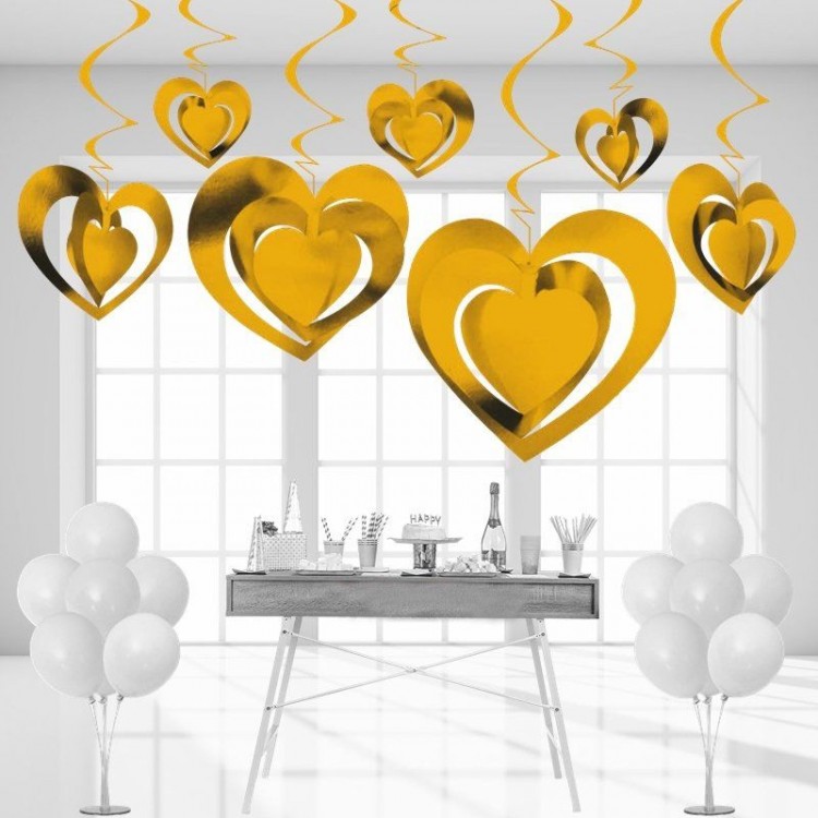 3D Spiral Gold Color Heart Shaped CeilingVine Ornament 12 Pieces