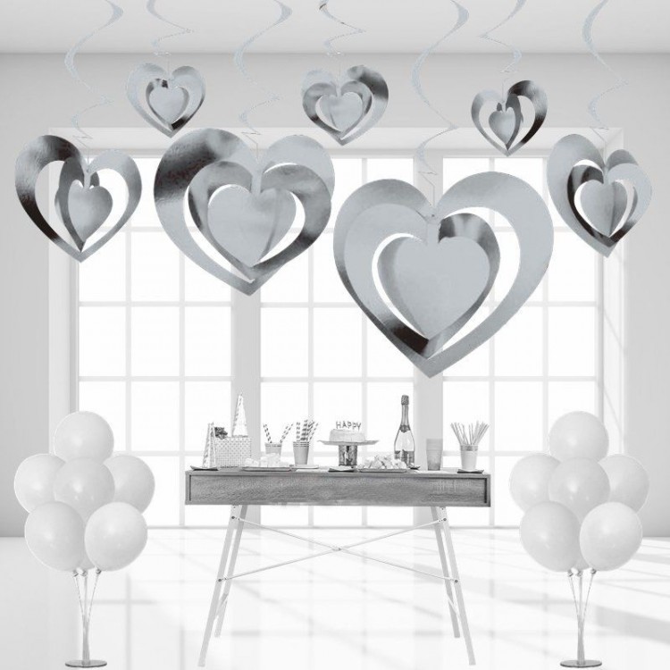 3D Spiral Silver Color Heart Shaped CeilingVine Ornament 12 Pieces