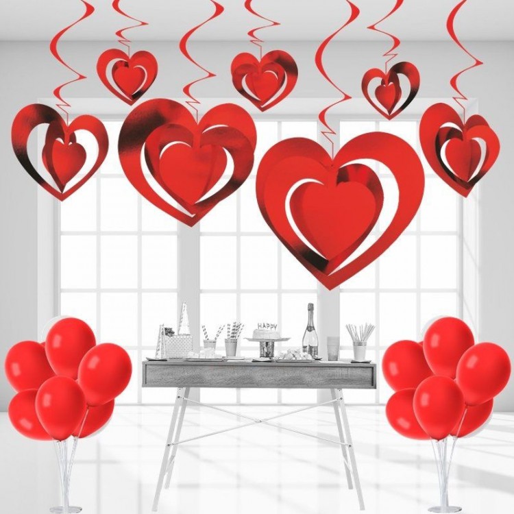 3D Spiral Red Color Heart Shaped CeilingVine Ornament 12 Pieces