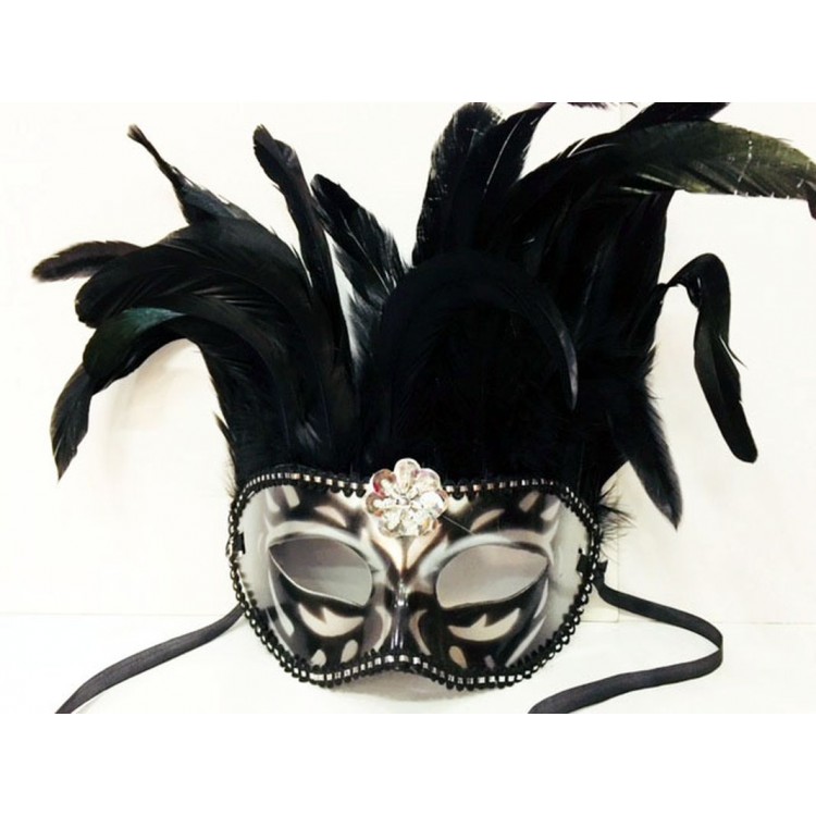 Black Color Extra Abundant Bird Feathers Pink Lace Venetian Mask 30x19 cm