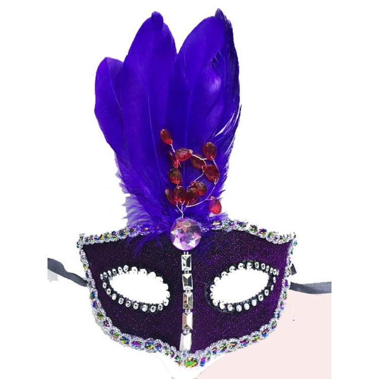 Beaded Embroidered Lace Purple Feather New Year Party Mask Purple Color