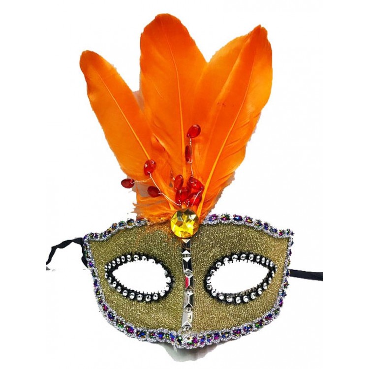 Beaded Embroidered Lace Orange Feather New Year Party Mask Gold Color