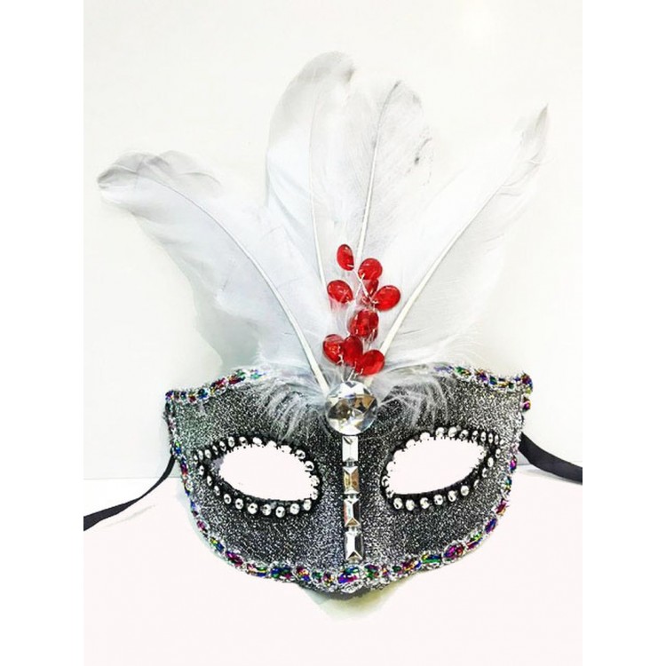 Beaded Embroidered Lace Feathered New Year Party Mask Silver Color
