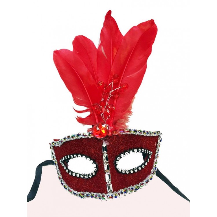 Beaded Embroidered Lace Feathered New Year Party Mask Red Color