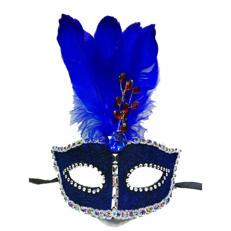 Beaded Embroidered Lace Feathered New Year Party Mask Blue Color