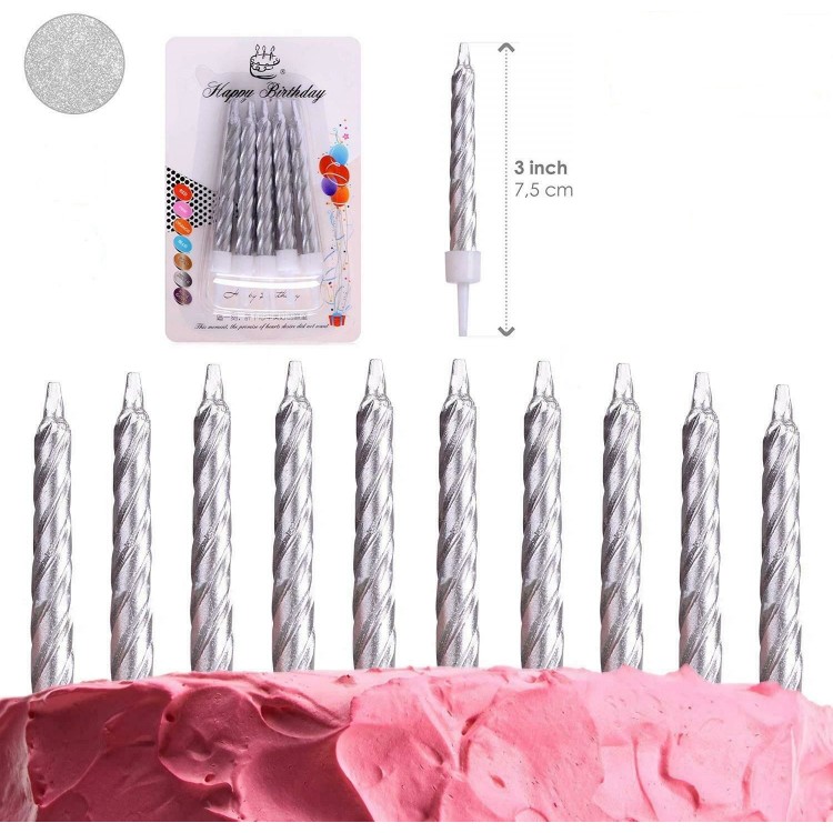 Silver Color Birthday Wedding Anniversary Cake Candles 10 Pcs