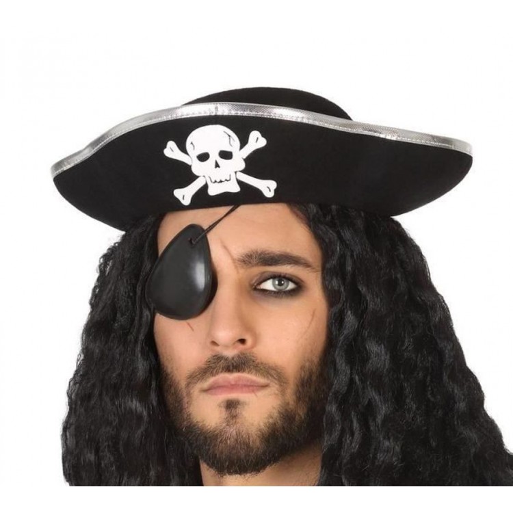 Adult Size Flat Pirate Hat with Silver Stripe