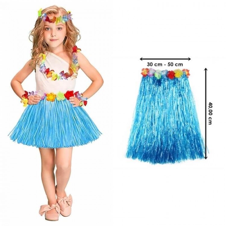 Adult and Child Compatible Blue Color Tassel HawaiianLuau Hula Skirt 40 cm