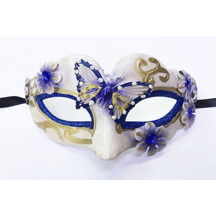 İşlemeli Masquerade Venedik Maskesi Mavi Renk 7x16 cm