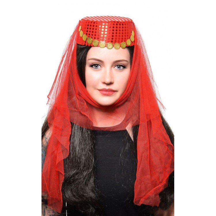 Red Veil Gold Sequin Embroidered Henna Fez Henna Hat Oriental Hat