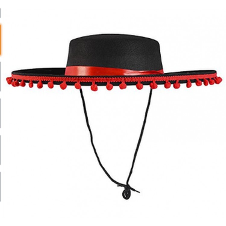 Black Color Children's Spanish Hat with Red Pompom