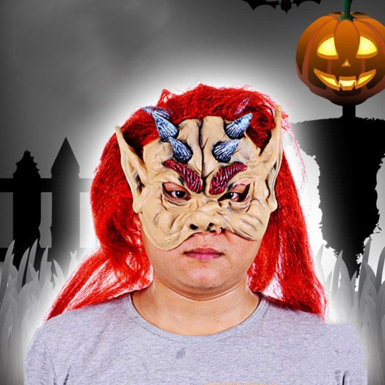 Red Hair Half Face Horned Latex Asterix Viking Hobbit Mask