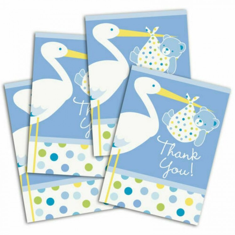 Blue Color Baby Stork Baby Shower Thank You Envelopeand Note Set 8 Pieces