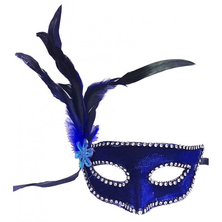 Blue Color Fabric Covered New Year Party Mask with Feathers on the Side