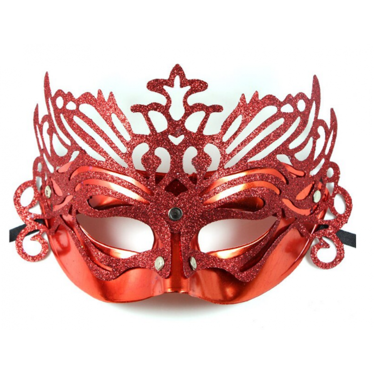 Metalik Kırmızı Renk Masquerade Simli Parti Maskesi 23x14 cm
