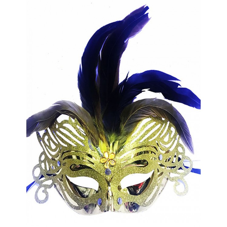 Metallized Gold Color Feathered Luxury Venetian Party Prom Mask