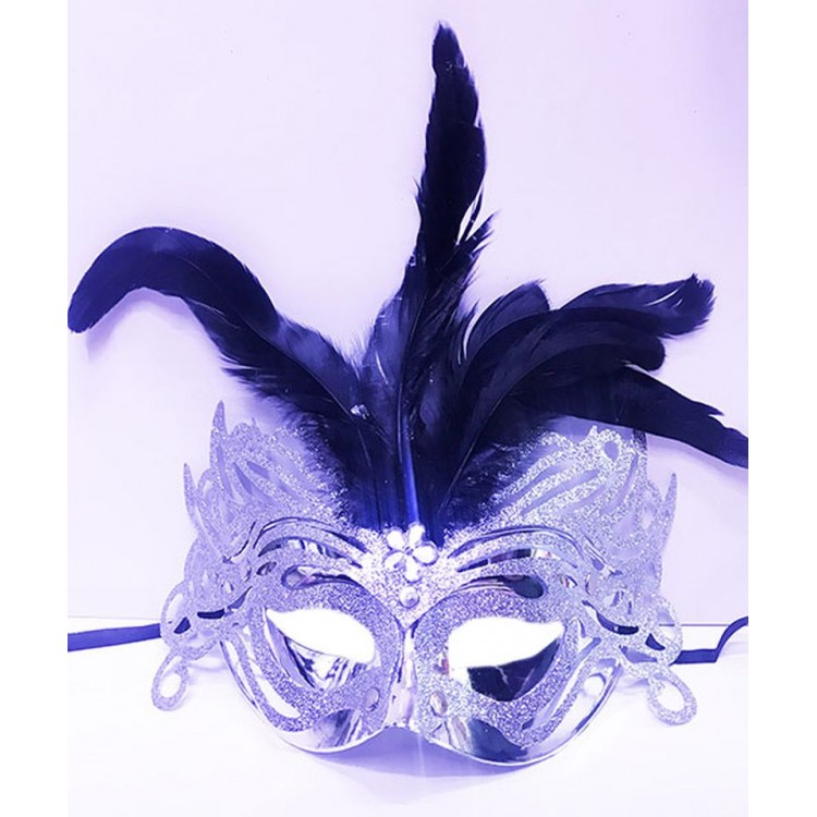 Metallized Silver Color Feathered Luxury Venetian Party Prom Mask