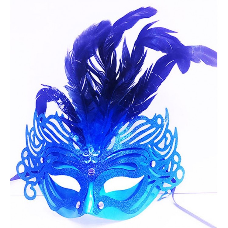Metallized Blue Color Feathered Luxury Venetian Party Prom Mask