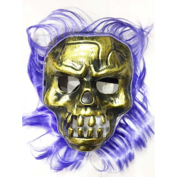 Plastic Halloween Skull Mask with Purple Hair