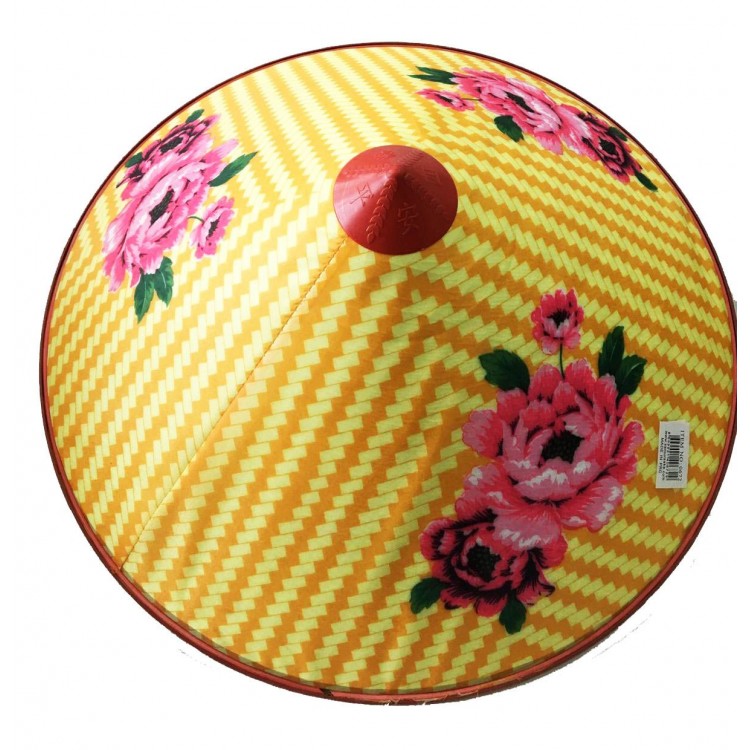 Satin Finish Yellow Vietnamese Hat with Pink Flowers