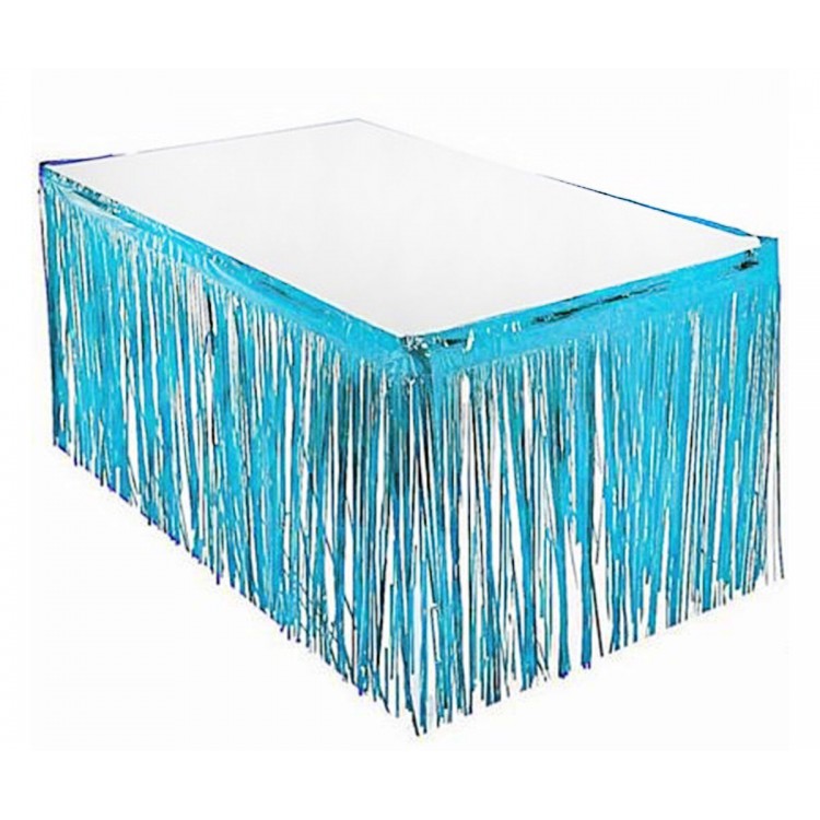 Tasseled, Shiny Metalized Blue Color Table Skirt 75cm x 4m