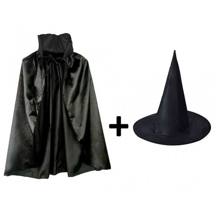 Black Collar Cloak and Black Witch Hat Set Kids Size
