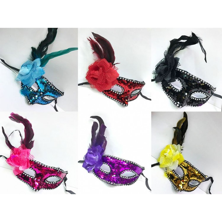 Sequin Embroidered New Year's Eve Party Mask with Feathers on the Side, 12 Pieces in Mixed Color