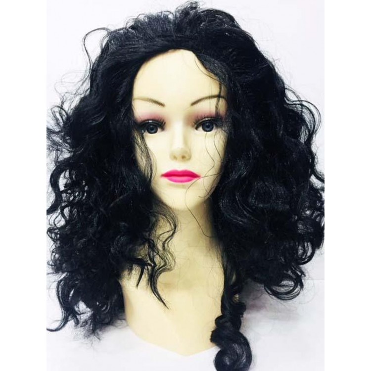 Black Color Filled Curly Lined Long Luxurious Wig