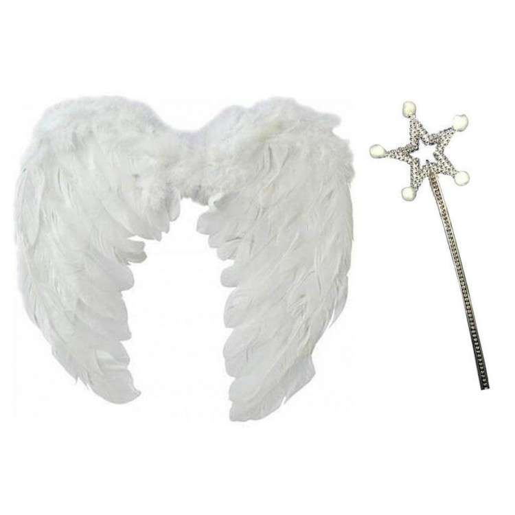 White Color Medium Size Children's Angel Wing 35x50 cm and White Pompom Wand