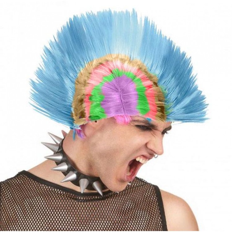 Mohican Mohawk Punk 70 li Yıllar 80 li Yıllar Peruğu Rainbow Peruk Mavi Saçaklı