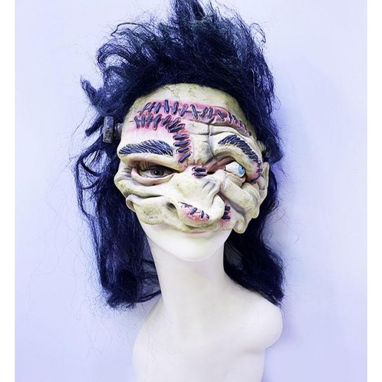 Black Long Hair Half Face Screw Sewing TracesLatex Horror Mask