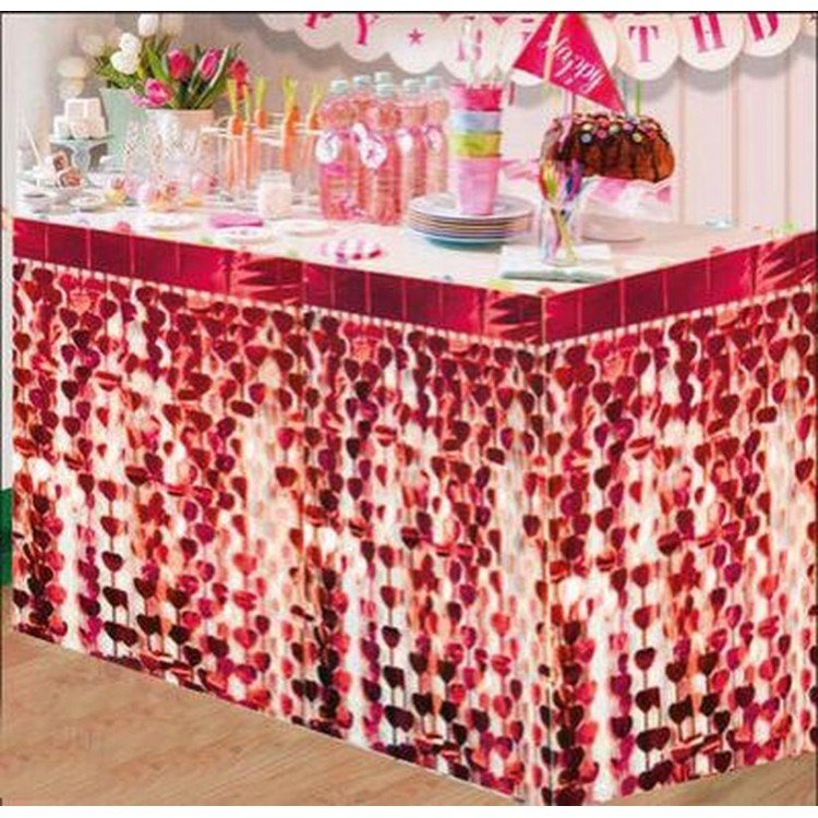 Tasseled Shiny Metallized Red Heart Table Skirt 75x360cm
